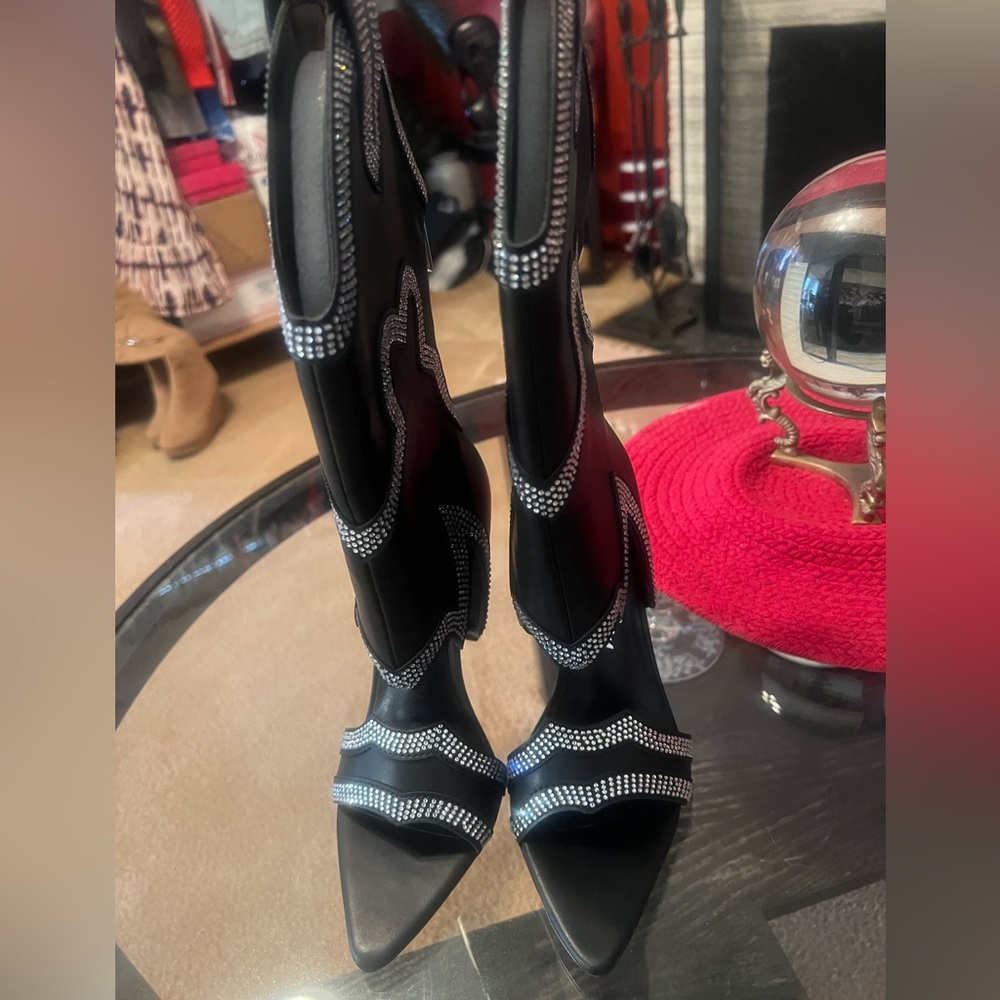 Cape Robbin Black and Silver Open Toe Heeled Boots